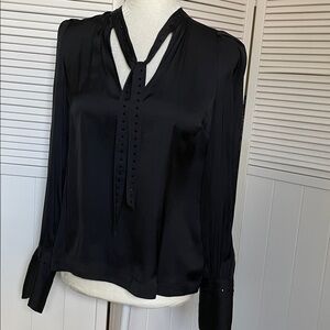 EXPRESS Black Elegant blouse embellished rhinestone tie neck VNECK TOP XS